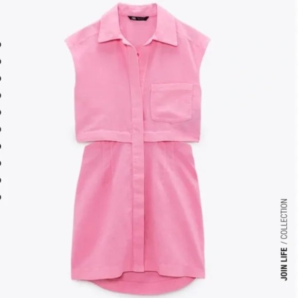 ZARA cut out linen blend button dress PINK Medium M - Picture 4 of 13
